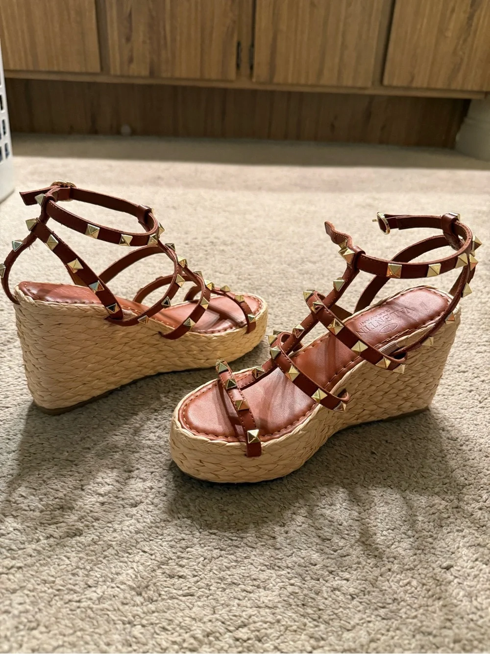 Valentino Tan Rockstud Espadrille Wedge Sandals